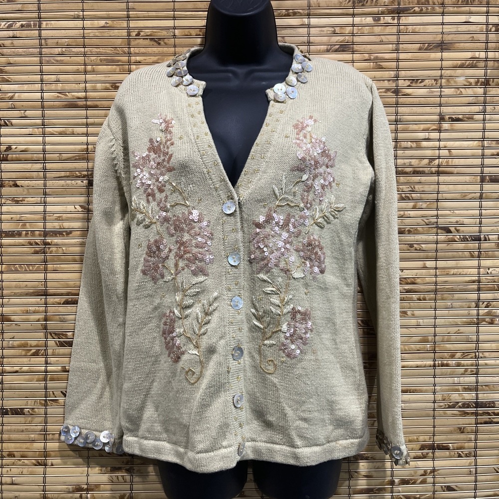 Storybook Knits Cardigan Sweater Sz S Embroidered Sequin Iridescent Shell Beaded